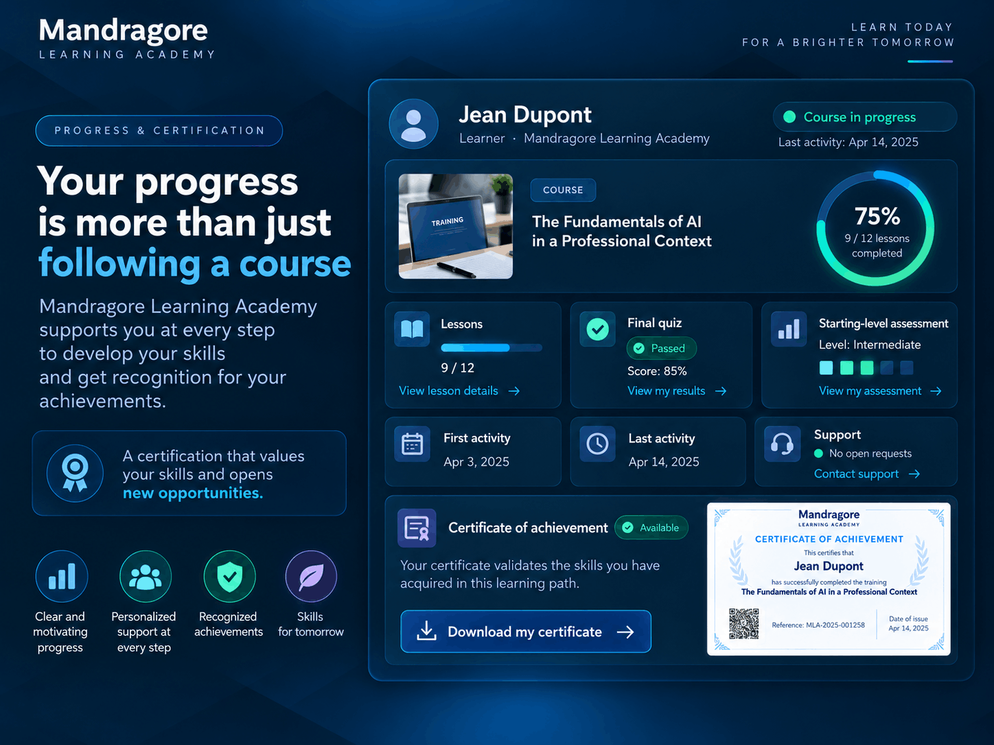 Progress tracking and verifiable certification on Mandragore Academy