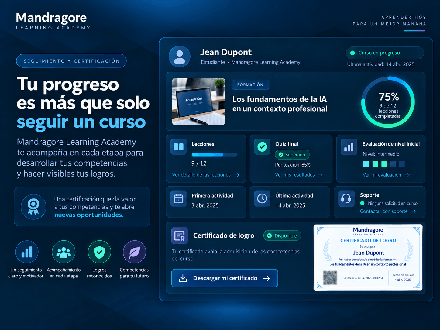 Seguimiento de progreso y certificación verificable en Mandragore Academy