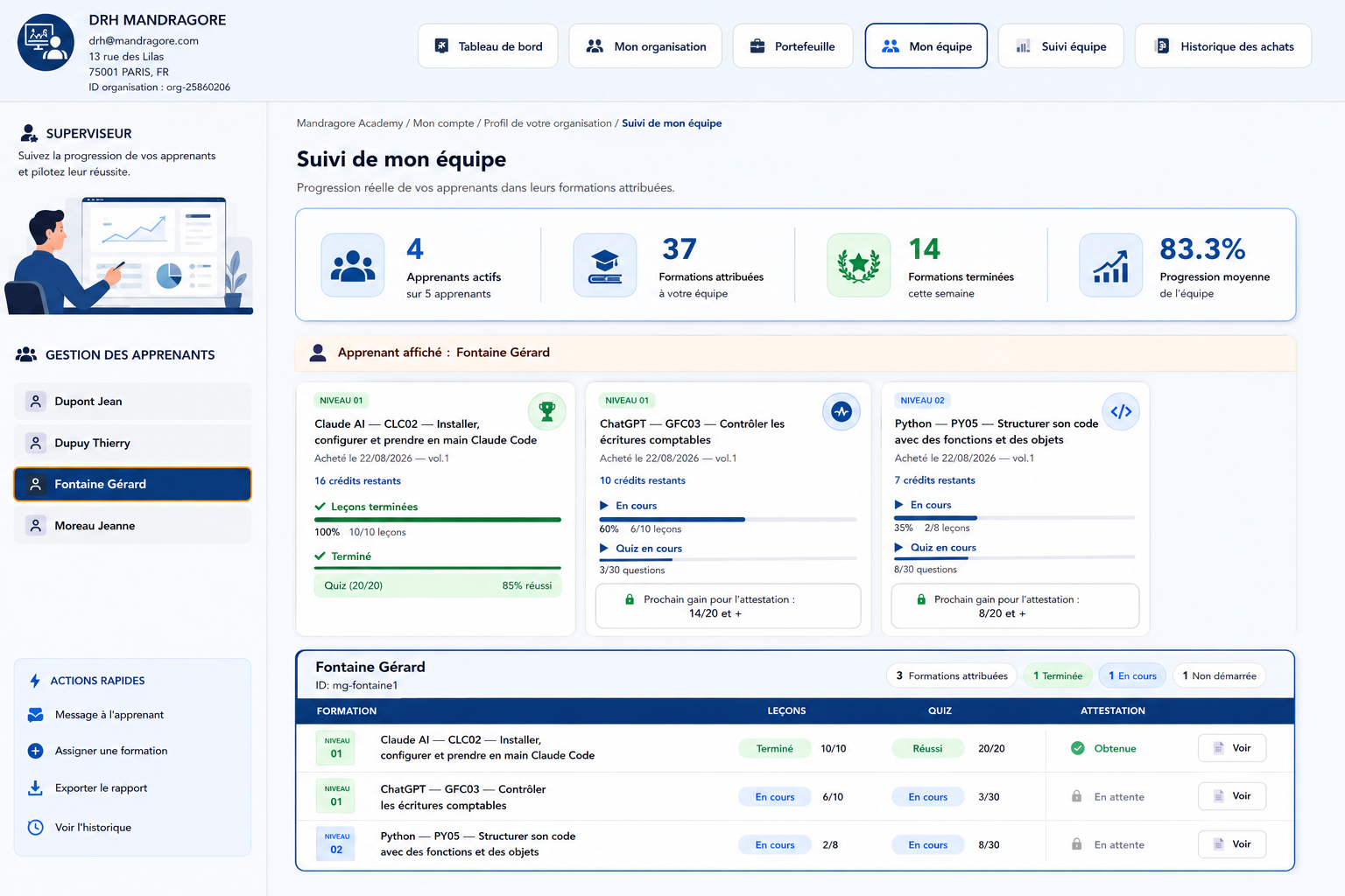 Suivi des apprenants et des formations depuis un compte Organisation Mandragore Academy