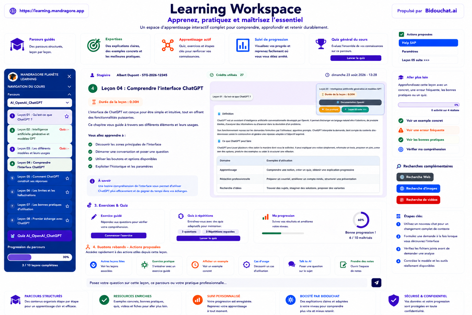 Aperçu d'un Learning Workspace de Mandragore Academy