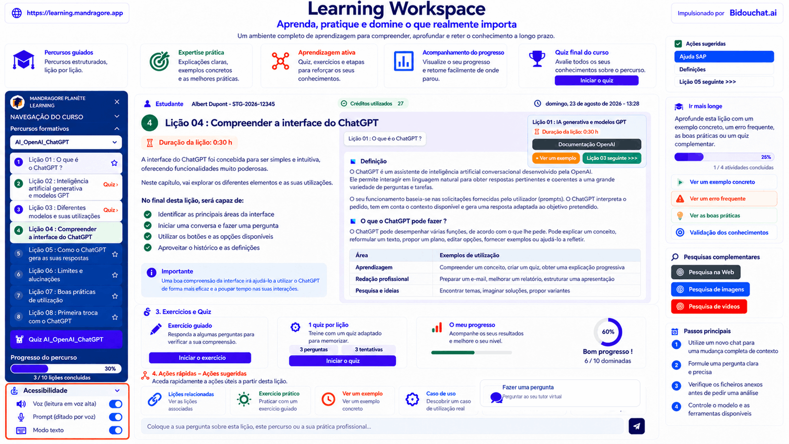 Prévia de um Learning Workspace da Mandragore Academy