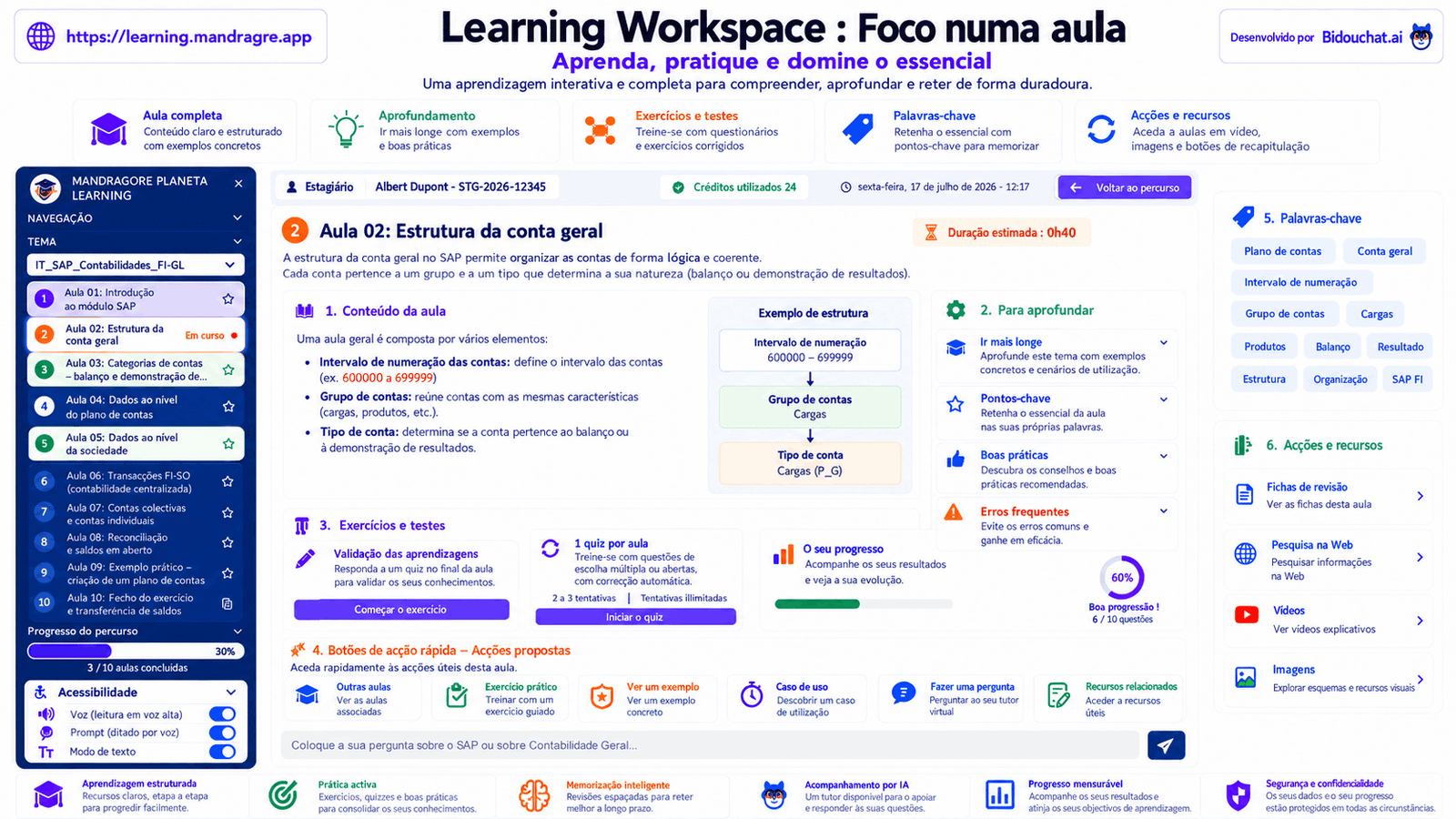 Pré-visualização de uma lição no Learning Workspace