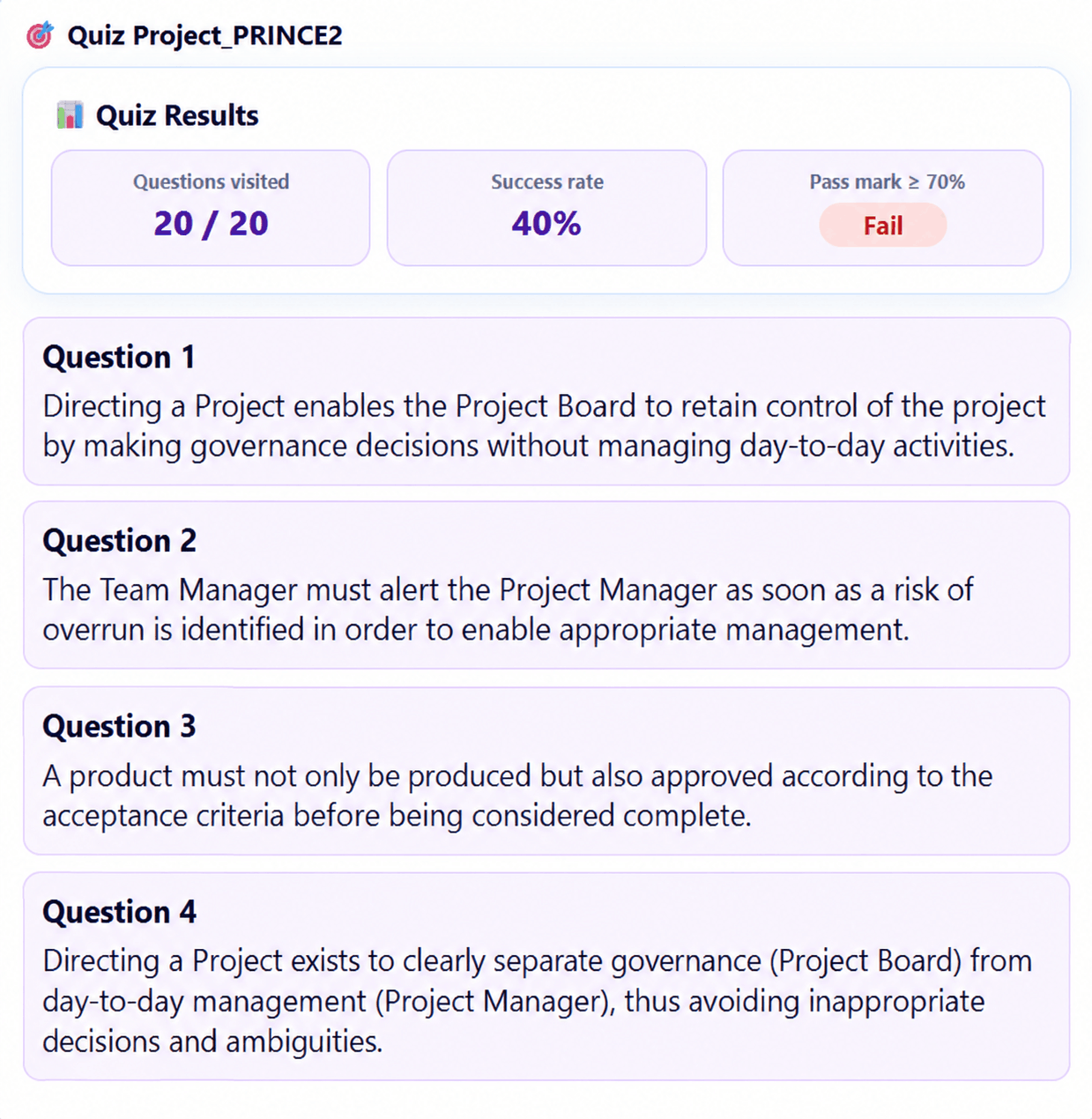 Final Overall quiz result with score, OK or KO status and question summaries
