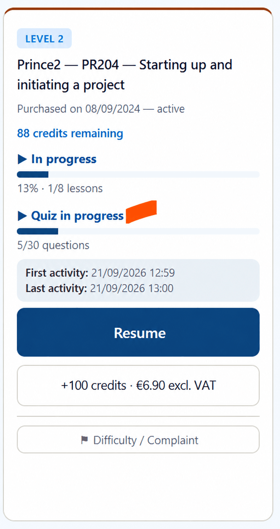 Course card showing a Quiz in progress with five saved answers out of thirty